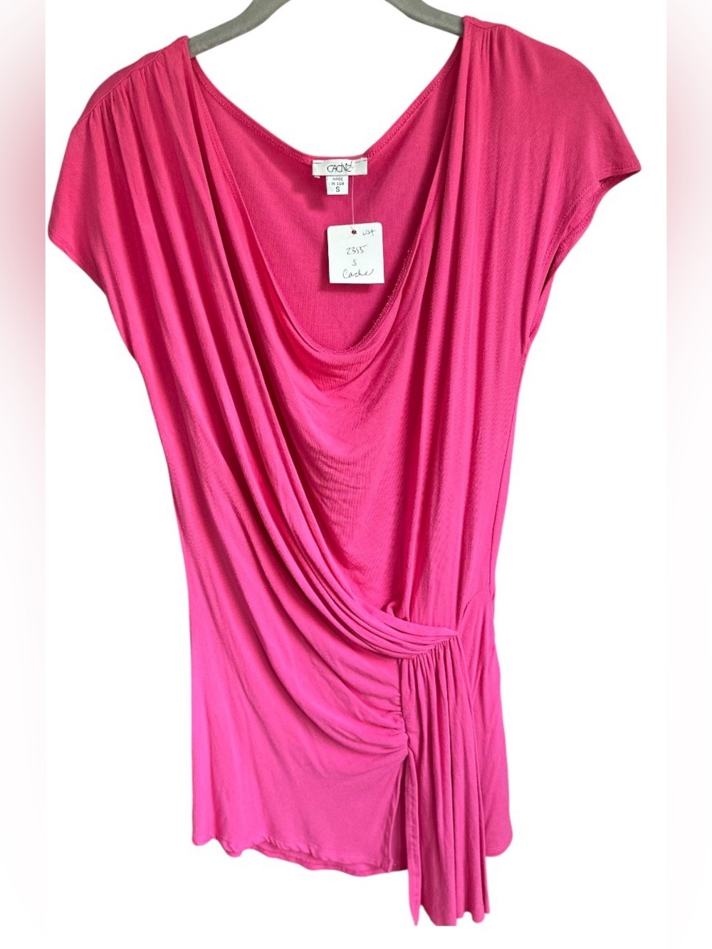 💞Vintage Cache Hot Pink Draped Cowl Tunic Mini Dress S